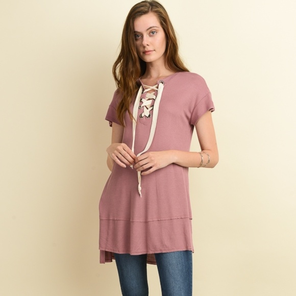 Tops - Mauve Waffle Knit Lace Up Tunic 07001